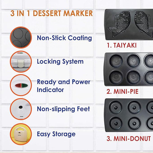 Mini-Donuts Maker, Mini-Pie and Quiche Maker, Taiyaki Maker – NEW 3 in 1 Three Slices Detachable Dessert Maker by StarBlue – White AC 110-120V 50/60Hz 700-800W