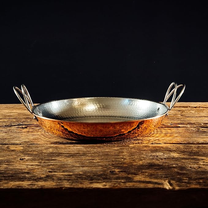 Sertodo Copper Alicante Paella Cooking Pan | 8 inch diameter |Patented Stainless Steel Handle Design| Hand Hammered, Heavy Gauge, 100% Pure Copper | Ideal for Cooking or Serving Side Dishes in Style