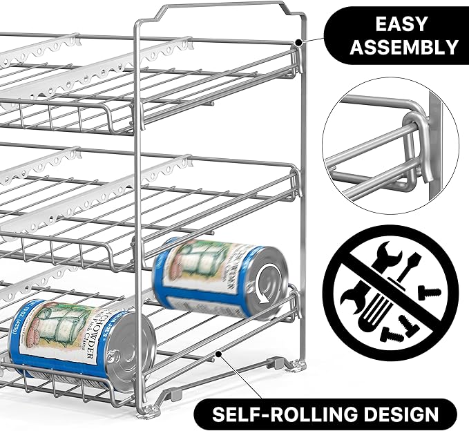 Simple Houseware Stackable Can Rack, Silver, Adjustable Plastic Dividers, Holds 36 Cans