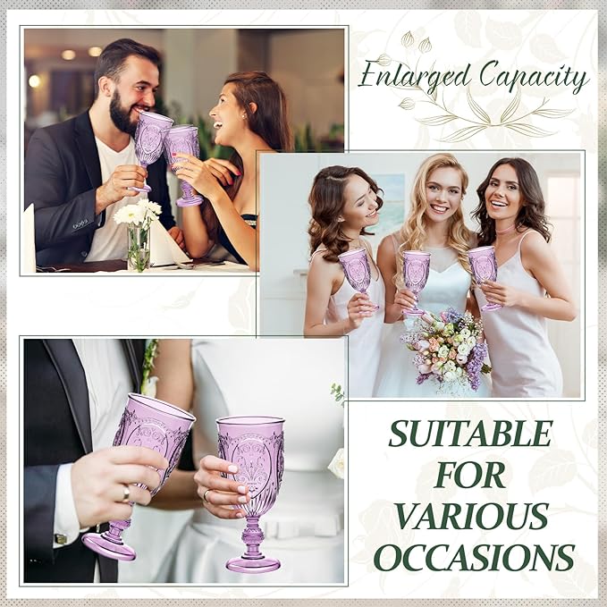 18 Pack Plastic Goblets 10oz Upgrade Vintage Water Goblet Plastic Wine Glasses Colored Retro Embossed Glassware for Party Wine Bar Juice Baby Shower Wedding Reception Grand (Purple)