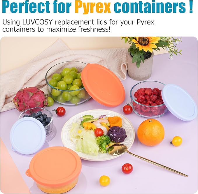 1 Cup 2 Cup 4 Cup Round Silicone Replacement Lids for Pyrex 7202-PC, 7200-PC, 7201-PC Glass Bowls, 6 Pack, Microwave & Dishwasher & Freezer Safe (Container not Included)