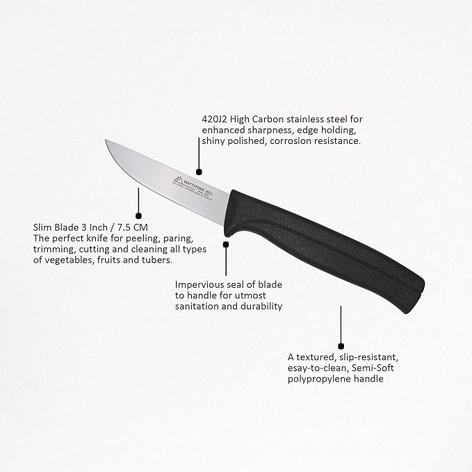 Paring Knife 3 Inch - MATTSTONE HILL Peeling Knife, Garnishing Knife, Perfect for Cut, Peel and Clean Food. Slim Blade, Premium Stainless Steel, Semi Soft Handle, Black
