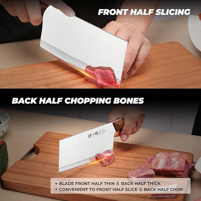 ZHANG XIAO QUAN SINCE 1628 7.3” Meat Cleaver, 40Cr13 Chinese Chopper Slicing Knife Chinese Chefs Knife Wood Handle