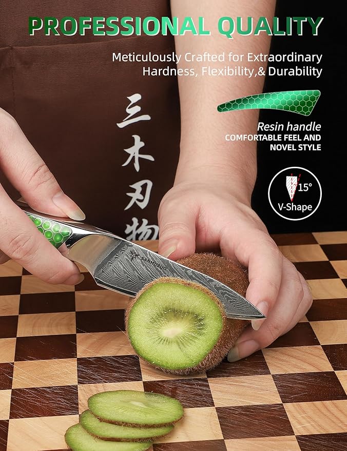 3.5 inch Paring Knife, Japanese VG-10 Damascus Steel Kitchen Knife, Ultra Sharp Fruit Knife with Full-tang Handle in Green Resin, LA-S9 Series