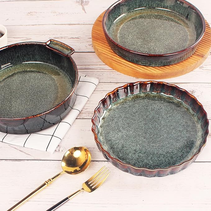 Ceramic Pie Pan Quiche Baking Dish, 9 Inch Round Ruffled Edge Au Gratin Baking Dishes, 27 Ounces Non-Stick Pie Dish, Tart Pan, Pie Plate for Apple, Oven, Dishwasher and Microwave Safe