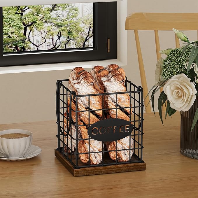 YINMIT K Cup Holder Organizer, Rustic Coffee Pod Holder Organizer, 35 Kcup Holder for Counter with Handle,Large Capacity Black Wire Coffee Capsule Basket for Kitchen Office Desktop (Square Grid)