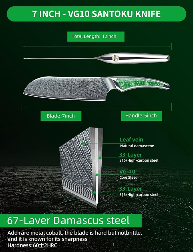 7 inch Santoku Knife, Japanese VG-10 Damascus Steel Chef Knife, Ultra Sharp Kitchen Knife with Full-tang Handle in Green Resin, LA-S9 Series