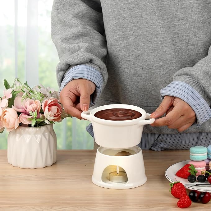 300ML Ceramic Butter Warmer Set with 2 Forks, White Fondue Pot Melting Pot Set, Melt Hot Pot Bowl Set for Cheese Chocolate Butter Caramel