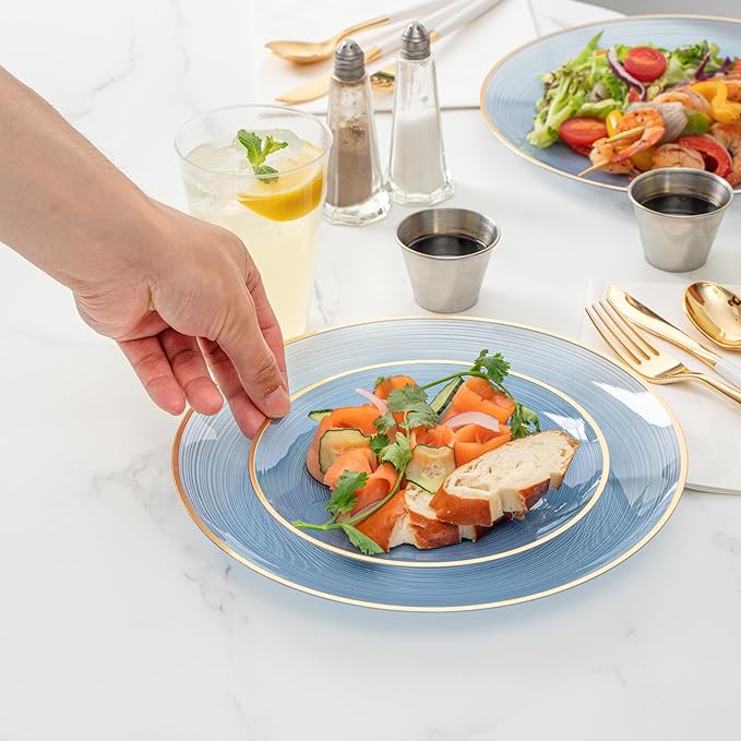 Restaurantware Plastic Plates 200 Pcs 7.13" and 10" Combo Gold Rimmed Plate Set Disposable Heavy-Duty Blue Translucent Rippled Plastic Dinner Servers for Party, Weddings, Salads, Desserts