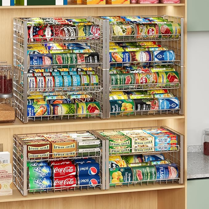 JKsmart 2-Tier Stackable Can Rack Organizer for Pantry, Adjustable Can Dispenser Holds Up to 62 Cans, Can Storage Holder for Various Ounces of Canned Food Soda Drinks, Silver, 2 Pack (Petent Pending)