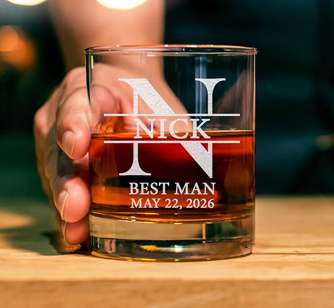 Set Of 8, Personalized Whiskey Glass For Groomsman Gifts, Best Man, Groom, 11oz Old Fashioned Custom Monogrammed Whiskey Glass