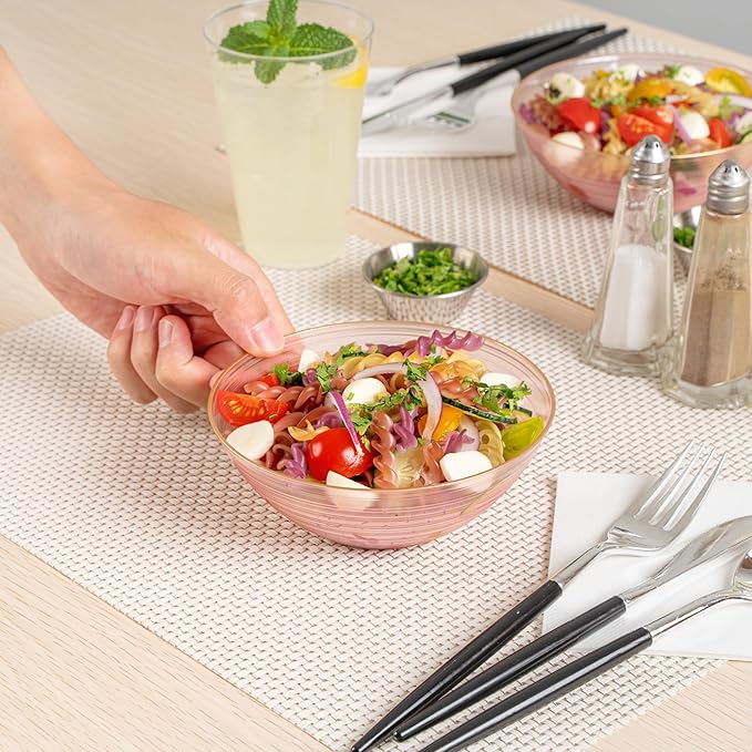 Restaurantware Plastic Bowls 100 Pcs 16 oz Gold Rimmed Disposable Soup Bowls Heavy-Duty Pink Translucent Rippled Dinnerware Containers for Party, Desserts, Salads, Snacks, and Catering