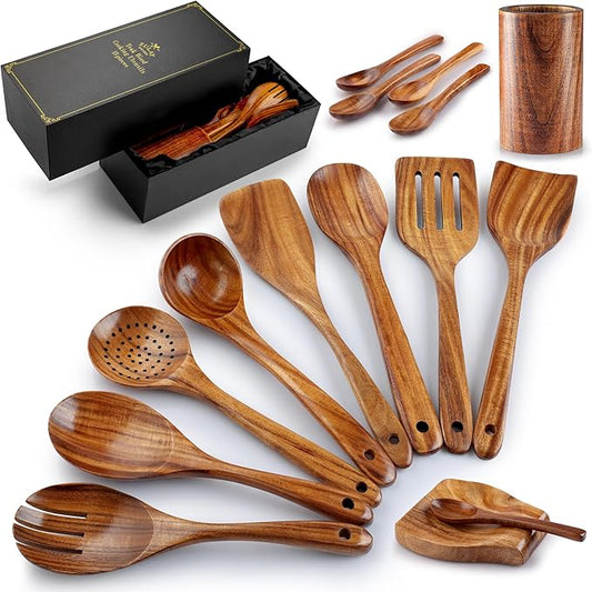 Zulay Kitchen 15-Piece Teak Wooden Utensils for Cooking - Natural Teak Utensil Set with Premium Gift Box - Non-Stick Wooden Spoons for Cooking - Kitchen Gift Set - Comfortable Grip Wooden Utensil Set