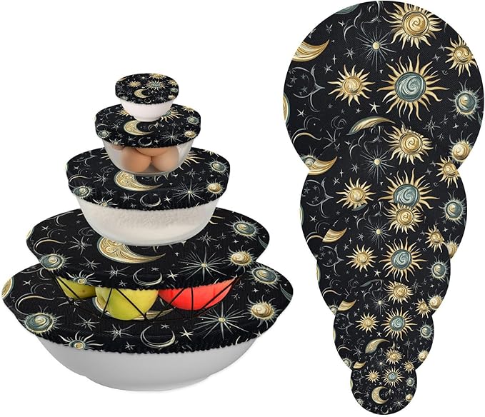 5 Pcs Bowl Covers Reusable in 5 Size Elastic Food Cover Cloth Lids Fresh Keeping Dish Cookware Bakeware Fabric Covers Lids for Food Leftovers Fruits Storage Star Moon Sun Constellation Blac