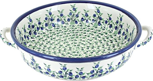 Blue Rose Polish Pottery - Green Porcelain Vine Round Casserole with Handles - 10.25" Diameter - Unique, Dishwasher Safe, & Durable Bakeware