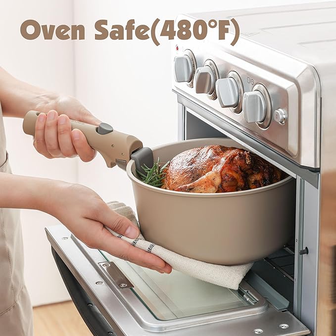 SENSARTE 24 Piece Ceramic Pots and Pans Set, Nonstick Detachable Handle Cookware, Induction Cookware Set with Removable Handle, Healthy Non Stick for RV, Dishwasher&Oven Safe, PFOA Free (Almond Beige)