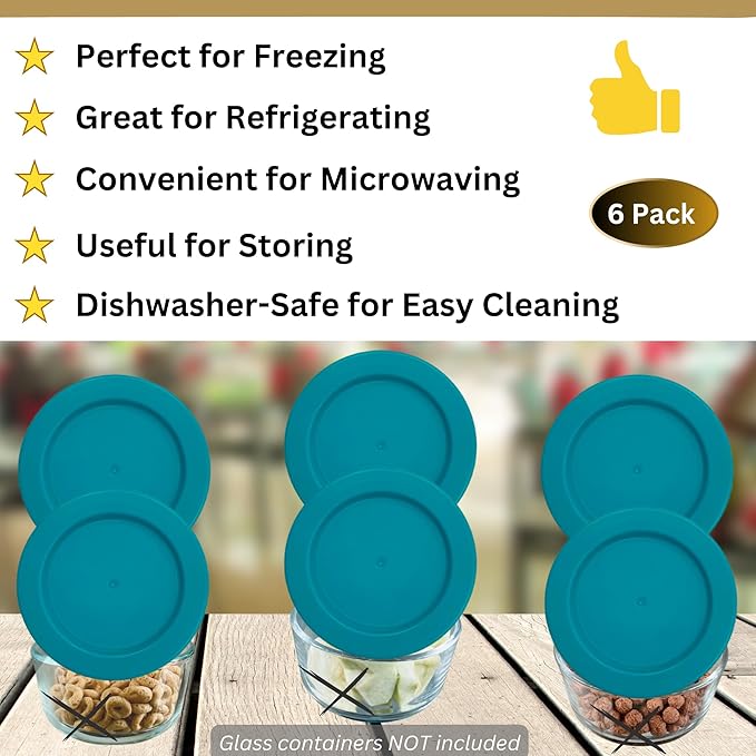 2 Cup/470 mL Turquoise Replacement Lids/Covers for Pyrex 7200-PC, 2 Cup/16oz Anchor Hocking & Klare Ware Storage Bowls *Lids Only* - *Glass Container Not Included* (6 Pack, Turquoise)