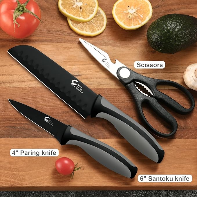 Kitchen Knife, 3-Pcs Black Knives Set with Multifunctional Kitchen Scissors, 6'' Santoku and 4'' Paring Knife for Chef Paring Cutting Slicing Dishwasher Safe (Anti-Slip Handle)