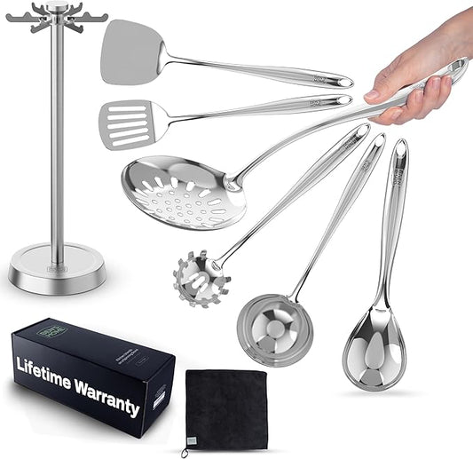 BEN'SHOME® Stainless Steel Utensil Tools Set with Holder Stand - Spatula, Spaghetti Server, Draining spoon, Serving spoon, Ladle, and Skimmer Spoon | Dishwasher Safe, Mirror Polished