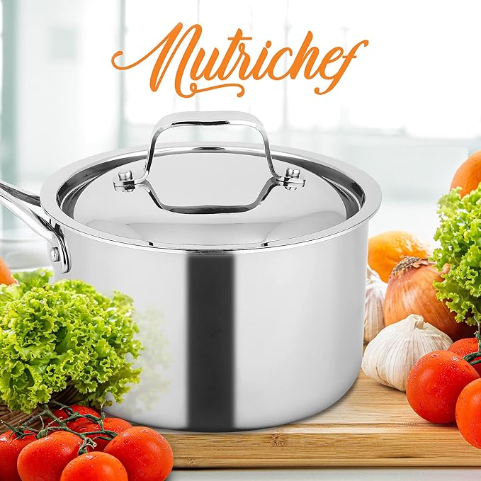 Nutrichef Stainless Steel Saucepan Lid - Sturdy and Durable Stain-Resistant 3 Quart Kitchen Cookware Saucepot Lid w/ Handle - Works w/ Kitchenware Pots & Pans Set Model NCSSX45
