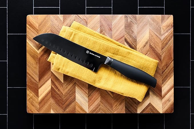 Santoku Knife - 7 Inch Black Nonstick Titanium Plated Stainless Steel Ultra Sharp Blade, With Ergonomic Comfort Grip Handle Asian Chef's Knife, With Matching Sheath