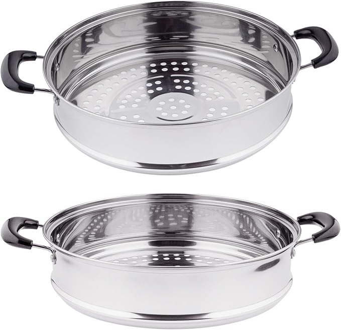 3 Tier Stainless Steel Steamer Pot For Cooking With Stackable Pan Insert, Food/Vegetable Steamer Cooker, Cookware Pot/Saucepan with Glass Lid, Multilayer By Lake Tian (28cm/11in)