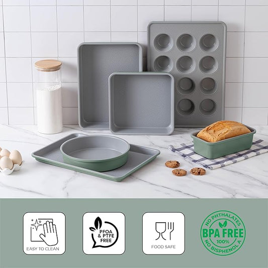 Country Kitchen Nonstick Stackable Bakeware Set - Durable, Easy Release Baking Set, Sage, 6 Pcs