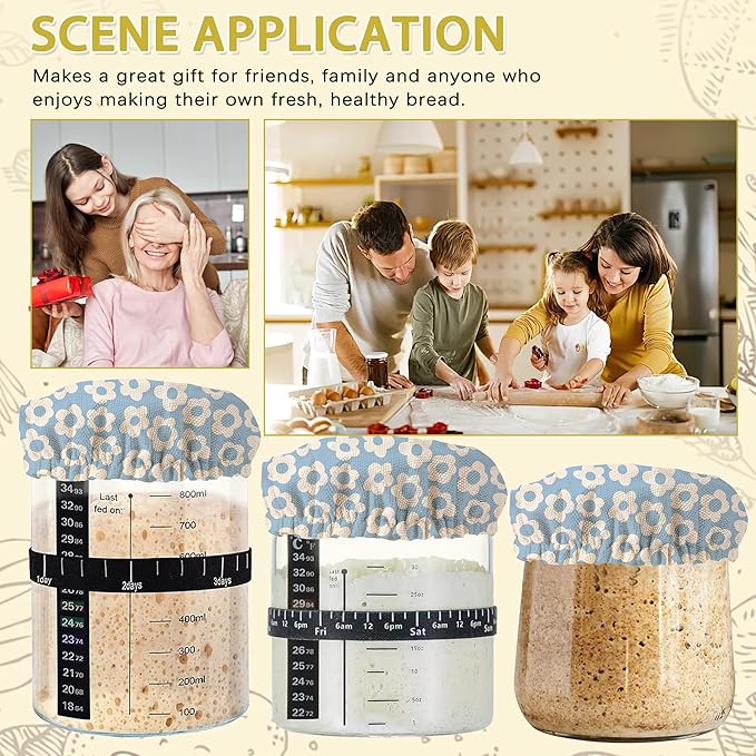Sourdough Starter Jar Covers,5-Pack Reusable Retro Groovy Flowers Floral Blue Cloth Lids for 3-4 Inch Jars,Ideal for Kombucha Kefir or Cheese Fermentation