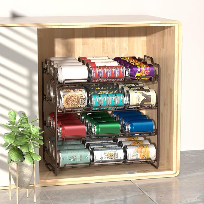 4 Tiers Stackable Can Rack Organizer, Wear-resistant Upgrade Beverage Food Can Dispenser Holder Holds up to 48 Cans for Kitchen Cabinet and Pantry (Brown)