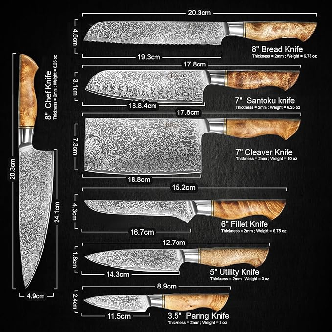 SENKEN 7-Piece Damascus Kitchen Knife Set - Dynasty Collection - 67-Layer Japanese VG10 Steel with Sycamore Wood Handles, Chef's Knife, Cleaver, Bread, Santoku, Boning, & More