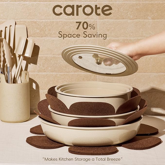 CAROTE 23PCS Pots and Pans set Non Stick, Ceramic Cookware Set, RV Kitchen Cooking Set Removable Handles, Oven Safe, Induction Coolware, Non-toxic Kitchen Cooking Set, PFAS and PFOA Free