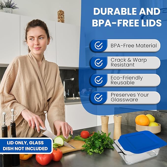 Replacement Lid for Pyrex 2-Quart 8" x 8" Glass Baking Dish #222, Compatible with Lid #222-PC, Food Storage Container Cover with Flush Tab Handles (Blue)