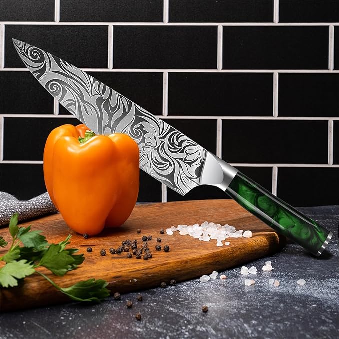 SENKEN 8-piece Engraved Japanese Kitchen Knife Set & Beautiful Green Resin Epoxy Handles - Wasabi Collection - Chef's Knife, Bread Knife, Cleaver Knife, Paring Knife, & More