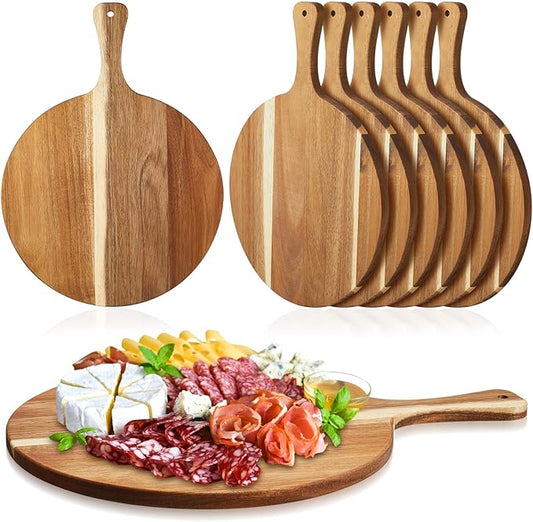 Sliner 6 Pcs Acacia Wood Round Cutting Board Bulk 0.6 Inch Thick Charcuterie Board with Handle Large Wooden Chopping Paddle for Cutting Pizza Cheese Meat Fruit(12 x 16 Inch)