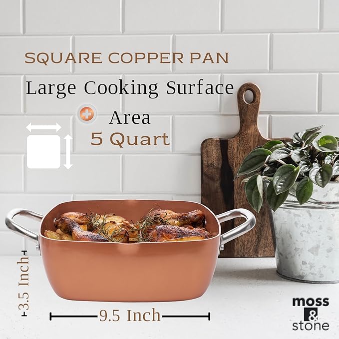 Moss & Stone 5 Pcs Copper Chef Cookware Non Stick Deep Frying Pan, Fry Basket, Steamer Rack, Dishwasher & Oven Safe, 5 Qt Deep Square Pan, Induction Copper Cookware Set - 9.5" x 3.5"