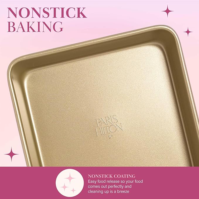 Paris Hilton Nonstick Carbon Steel Bakeware Collection, 9-Inch Square Cake Pan, Dishwasher Safe, Made without PFOA and PFAS, Pink Champagne Two-Tone