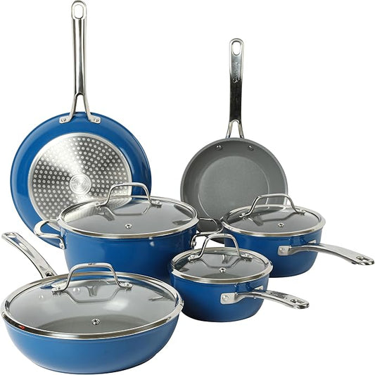 Sur La Table Kitchen Essentials 10 Piece PFA Free Titanium Ceramic Nonstick Interior Forged Aluminum Cookware Pots and Pans Set - Blue - Induction Compatible