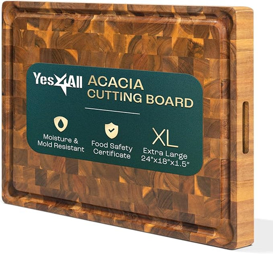 Yes4All Durable Acacia Wood Cutting Board for Kitchen, 24"x15"x1.5" Large End Grain Design, Pre-Oiled Thick Chopping Board with Juice Grooves and Easy Grip Handles, Ideal for Meal Prep and Serving