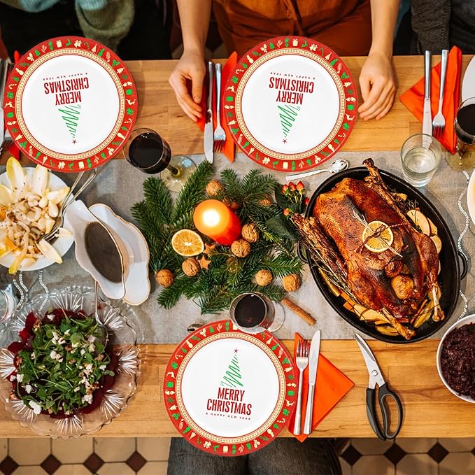 Ginkgo 50 Count Christmas Paper Plates 10 inch Larger Disposable Heavy Duty Christmas Tree Plates Dinner Serving Plates for Xmas Holiday Party Dinnerware Table Decorations