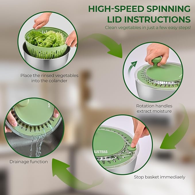 SUSTEAS Stainless Steel Salad Spinner Large, Vegetables Wash Bowl, Fruits & Herb Lettuce Dryer with 5 Blade Slicer Egg Yolk Strainer Shredder for Efficient Salad Preparation and Food Washing, 4.25Qt