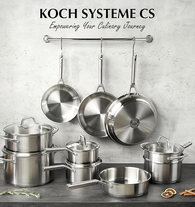 KOCH SYSTEME CS Stainless Steel Cookware Set 17 Piece, Professional 18/10 Stianless Steel Pots and Pans Set, 5-Layer Base, Oven & Induction Safe, Non-Toxic Kitchen Cookware Set for Family Cooking