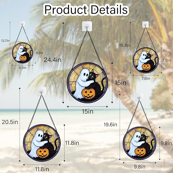 Stained Glass Window Hanging - Halloween Decorations Cute White Ghost Black Cat Suncatcher for Doors Garden Spooky Sun Catchers Gothic Decor Horror Gifts for Women Men Friend Boy 15 in