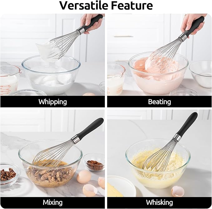 U-Taste Balloon Whisk for Cooking: 18/10 Stainless Steel Kitchen Wire Whisk, 12in Large Heavy Duty Egg Beater, Manual Mixing Tool with 12 High Flex Wires for Stirring, Blending Sauce (Black)