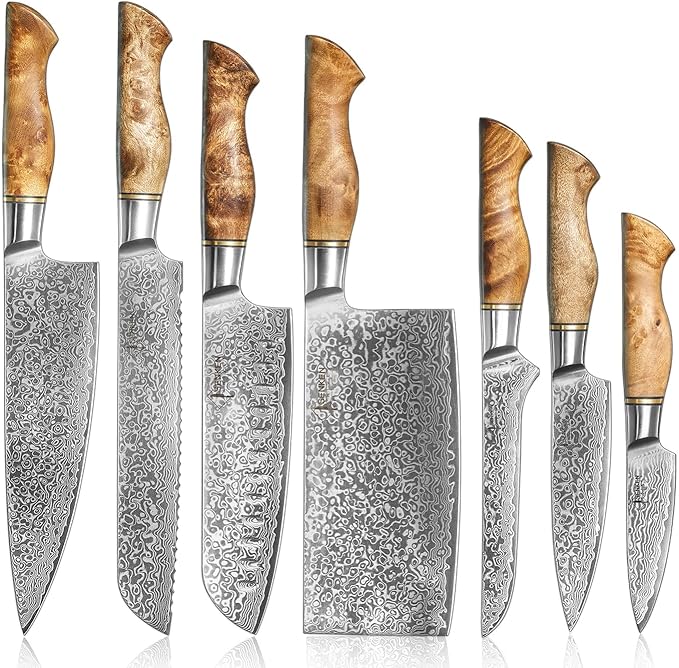SENKEN 7-Piece Damascus Kitchen Knife Set - Dynasty Collection - 67-Layer Japanese VG10 Steel with Sycamore Wood Handles, Chef's Knife, Cleaver, Bread, Santoku, Boning, & More