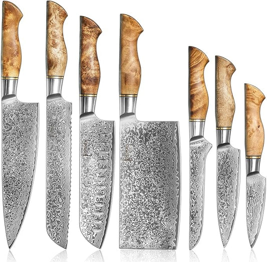 SENKEN 7-Piece Damascus Kitchen Knife Set - Dynasty Collection - 67-Layer Japanese VG10 Steel with Sycamore Wood Handles, Chef's Knife, Cleaver, Bread, Santoku, Boning, & More