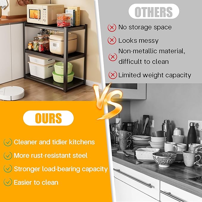 1500 LBS Heavy Duty Black Steel 3-Tier Kitchen Organizer - Waterproof, Adjustable, Multi-Functional Microwave/Oven Rack, Black