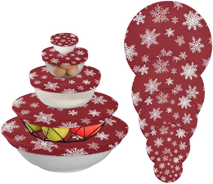 5 Pcs Bowl Covers Reusable in 5 Size Elastic Food Cover Cloth Lids Fresh Keeping Dish Cookware Bakeware Fabric Covers Lids for Food Leftovers Fruits Storage Christmas Red Snowflake