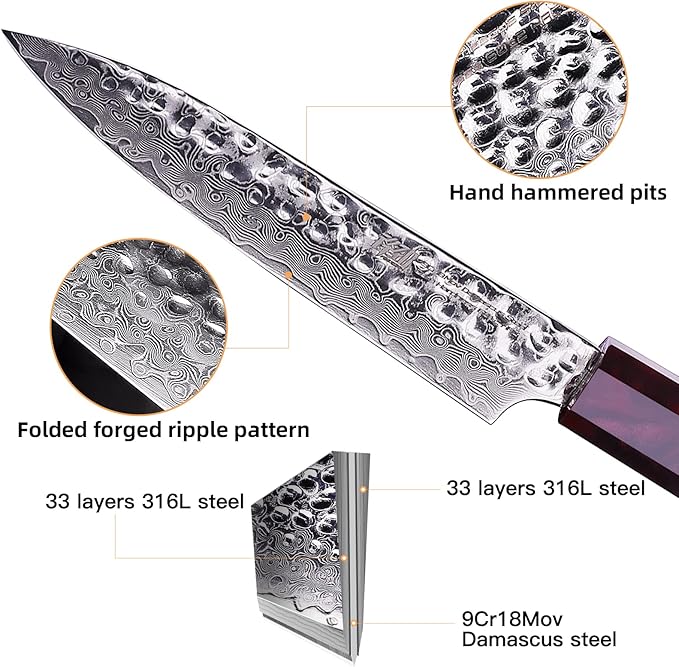 FINDKING 5 Inch Kitchen Utility Knife with ABS sheath, Multi-Purpose Japanese Paring Knife, Damascus Steel Blade, Resin Octagonal Handle, Small, for Fruits Vegetables (Eternity Series)