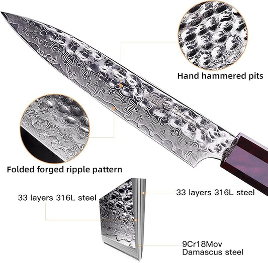 FINDKING 5 Inch Kitchen Utility Knife with ABS sheath, Multi-Purpose Japanese Paring Knife, Damascus Steel Blade, Resin Octagonal Handle, Small, for Fruits Vegetables (Eternity Series)