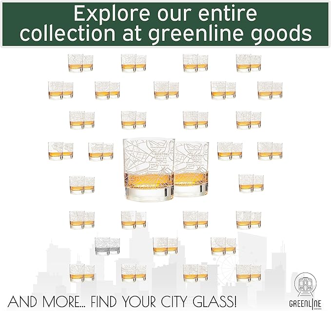 Greenline Goods Whiskey Glasses - 10 Oz Tumbler Gift Set for Boston lovers, Etched with Boston Map | Old Fashioned Rocks Glass - Set of 2